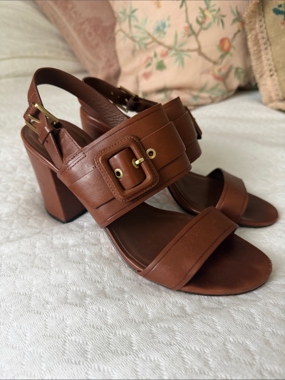 Cole Haan Brown Leather Block Heel Sandals with Buckle